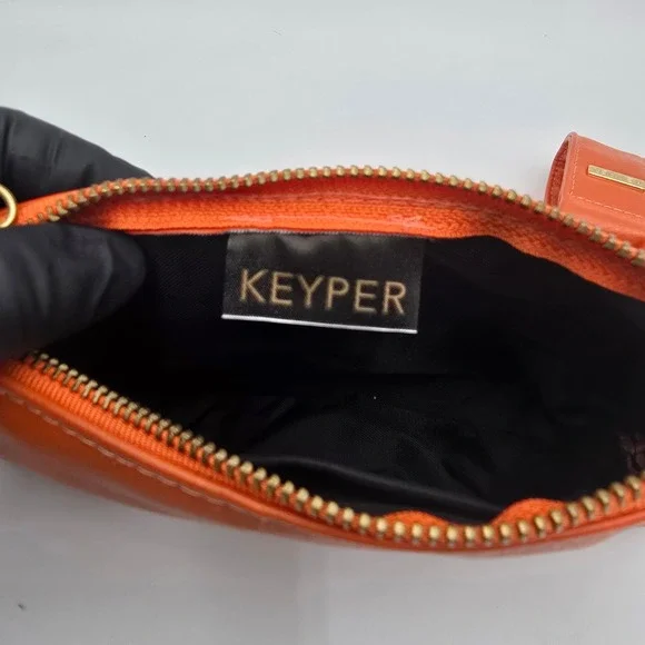 Keyper Orange Faux Leather Wristlet Pouch Clutch Gold Hardware Zipper - Picture 4 of 7